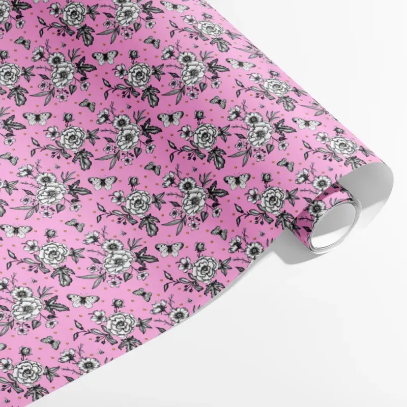Presentpapper med blommor och fjärilar – rosa kraftpapper 70×200 cm Billig