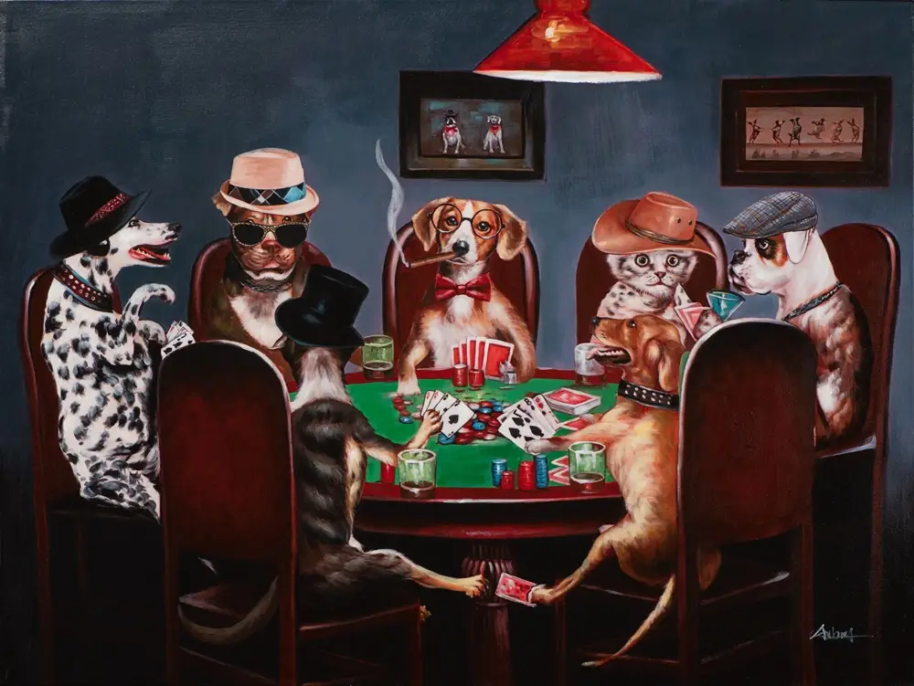 Endast idag Handmålad tavla Pokerhundar 90×120 cm