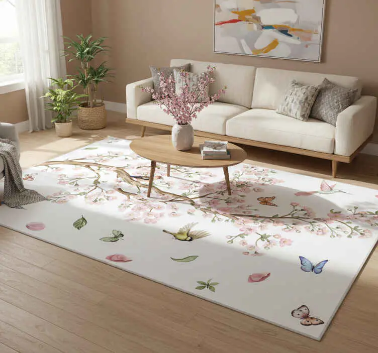 Vinylmatta blommor och växter körsbärsblommor med fåglar Fynd