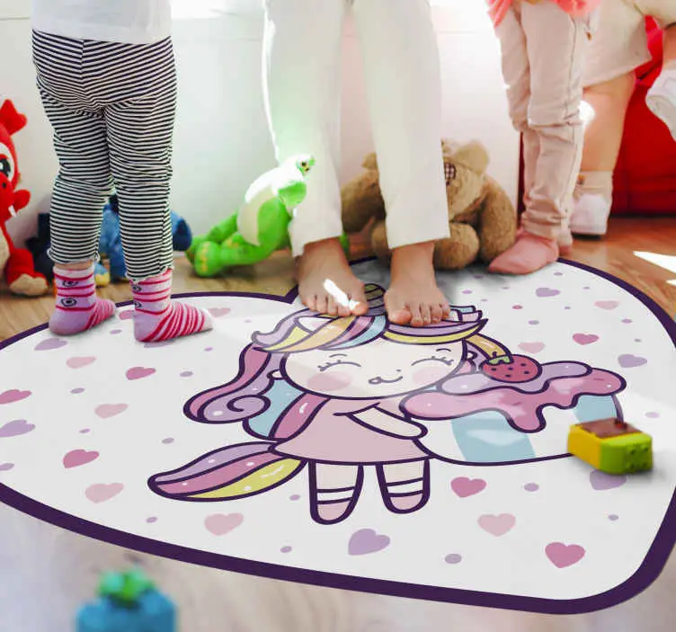 Unicorn flicka håller cupcake le barn vinyl matta risnedsättning