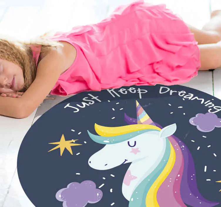 Bara fortsätt drömma med unicorn barn vinyl matta Erbjudande
