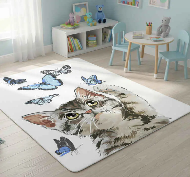 Köp nu Vinylmatta djur katt med blå fjärilar