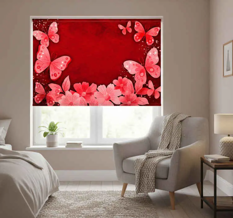 Sänkt pris Rullgardin röd blommor och fjärilar design