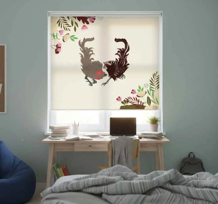 Sänkt pris Rullgardin beige två tuppar med blad och blommor
