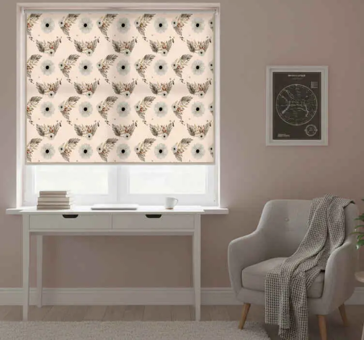 Populär Rullgardin beige med rosa och svarta pastellblommor