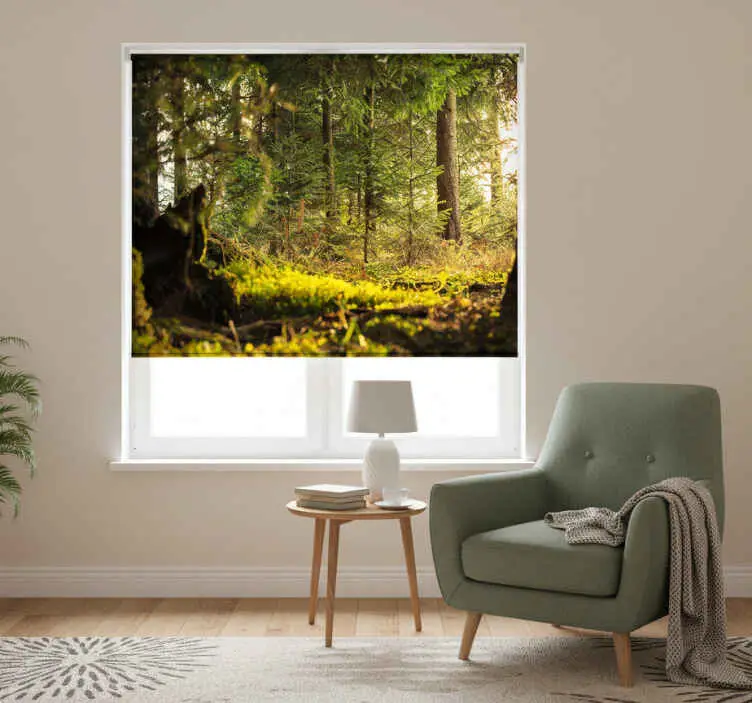 Outlet Rullgardin sovrum grön skog med alla träd och solstrålar