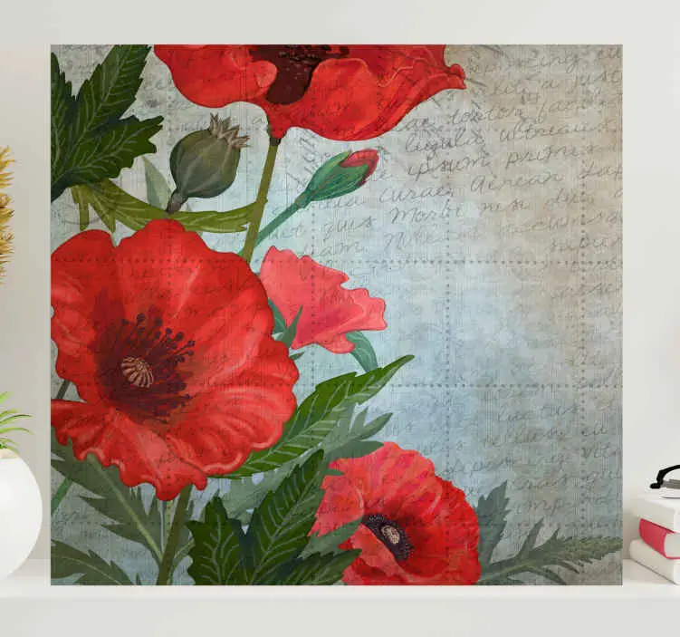 Snabb leverans Röd och vit vintage vallmo blommigcanvas tavla