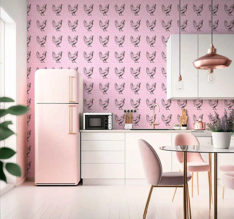 Endast denna vecka Rosa och vita rutor med tuppar kök tapeter