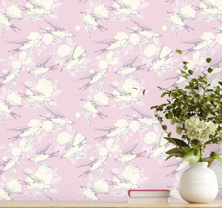 Små rosa fåglar vintage stil cool djur tapet Extra rabatt