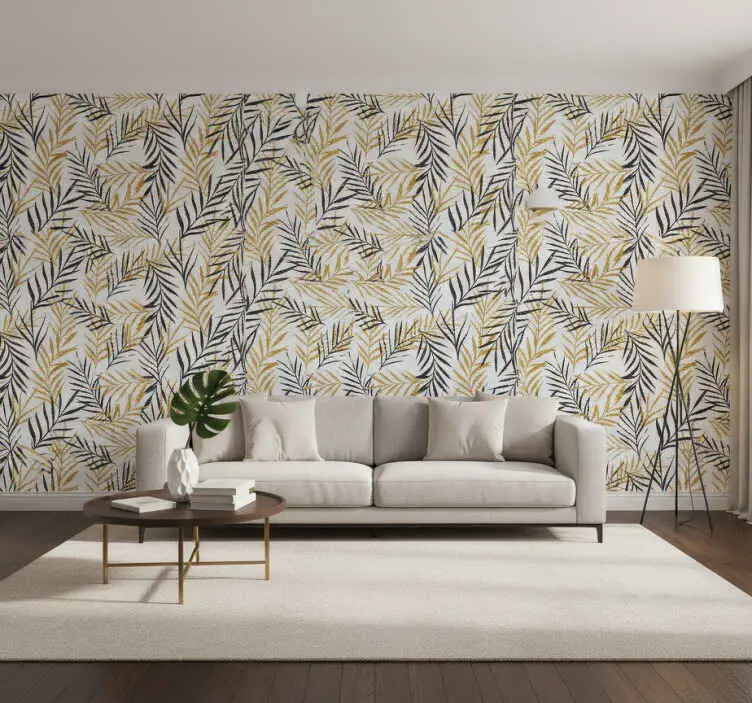 Fondtapet vardagsrum glamorous jungle frondmönster Kundfavorit