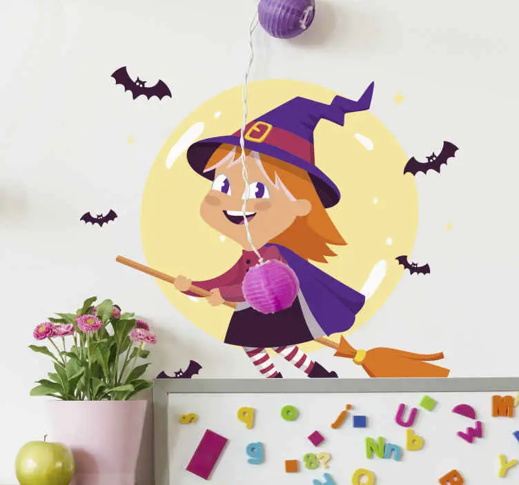 Extra rabatt Häxa på en kvast och fladdermöss halloween väggdekal