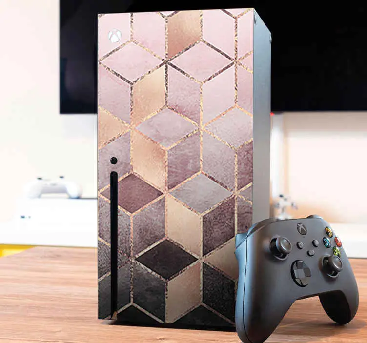 Rosa och grå kubmönster med guldlinjer xbox-dekal Handla nu