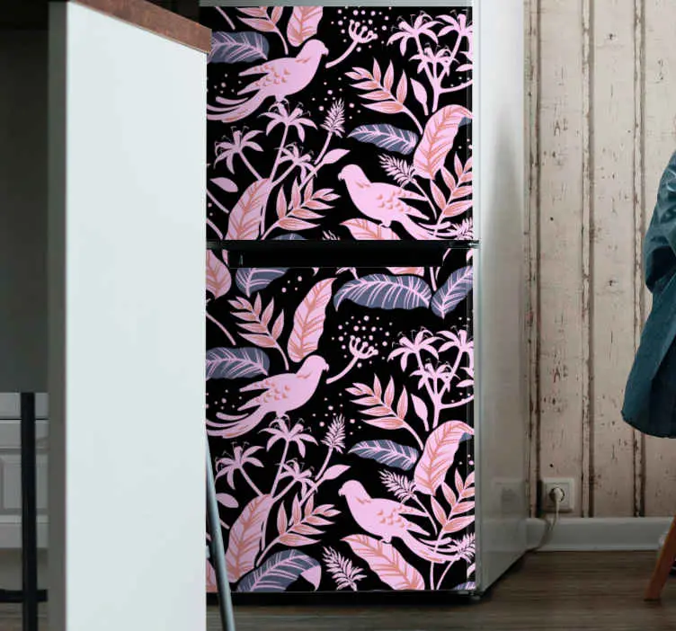 I lager Svarta och rosa fåglar på blad kylskåp dekaler